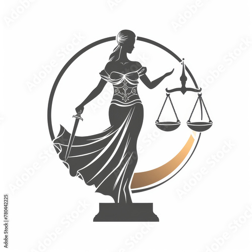 Elegant representation of Lady Justice as a symbol of fairness and law, encircled by a geometric design