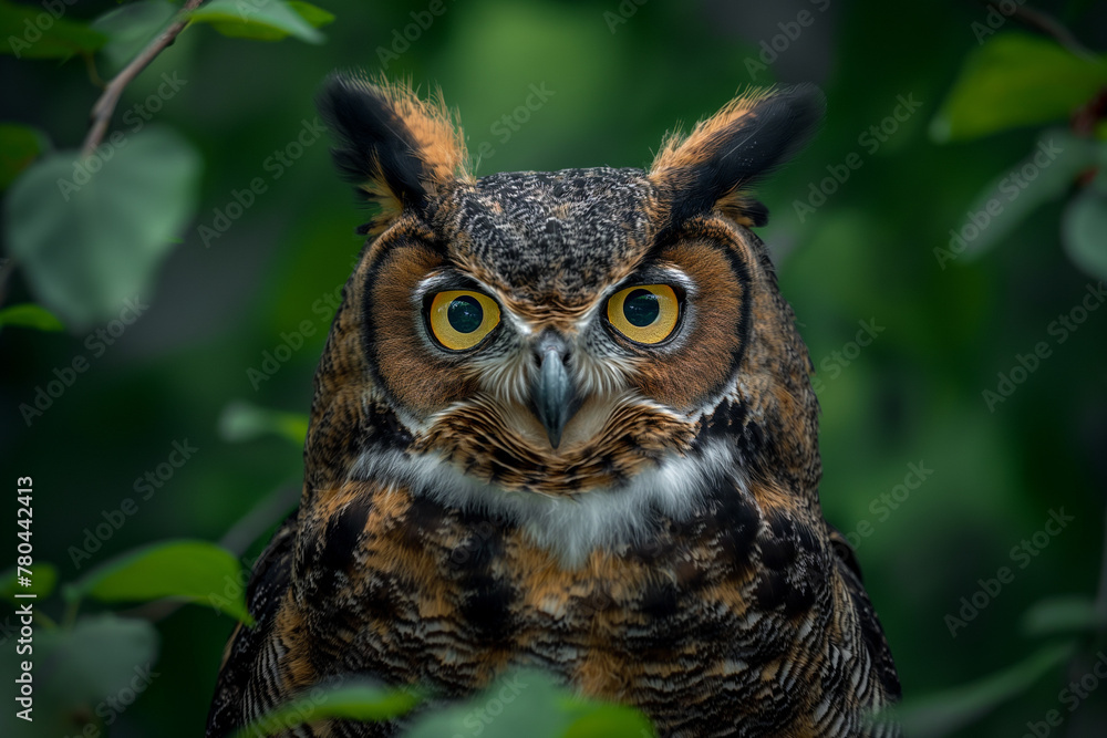 Fototapeta premium Majestic great horned owl with vivid yellow eyes and tufted ears nestled in a lush green environment, exuding wild elegance.