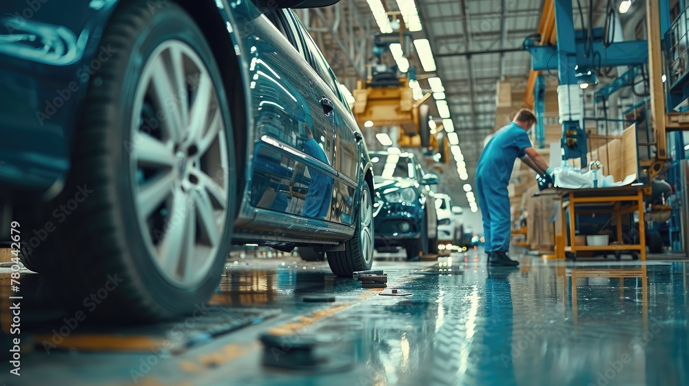 A man is working on a car in a factory A man is working on a car in a factory