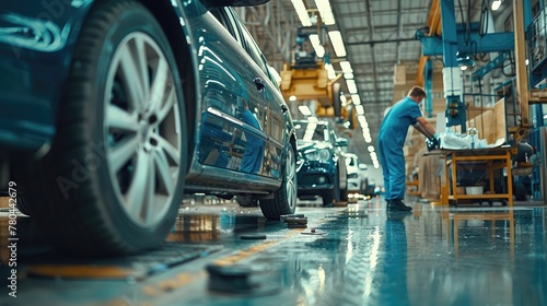 A man is working on a car in a factory