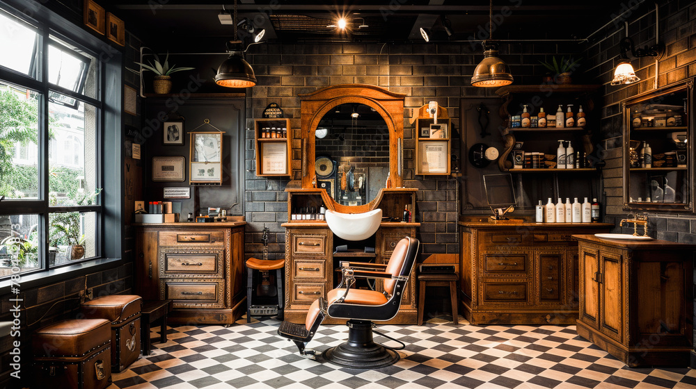 Vintage-styled barber shop interior with checkered floor, classic ...