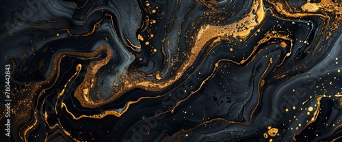 Abstract fluid art background with swirling patterns of liquid marble and gold on black, luxury texture. The design is perfect for backgrounds