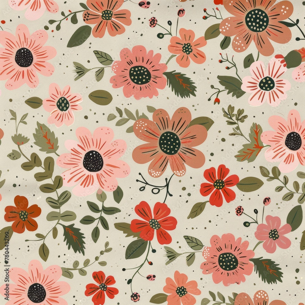 A seamless pattern of spring flowers and blossoms, on beige cream background, Floral illustration, AI Generated.