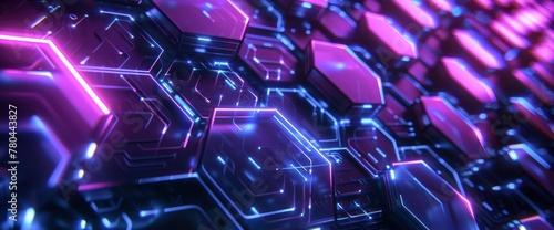 Abstract hexagon pattern with neon lights, technology background concept. In the center of each honeycomb is an icon in blue shades, with purple and dark gray tones, giving it a futuristic appearance