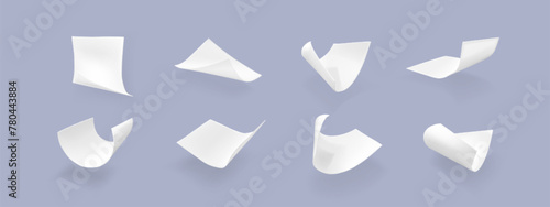 Flying paper sheet in different angles of view. Realistic 3d vector illustration set of curve white blank pages in air. Falling document or letter mockup. Empty curl note and leaflet chaotic float.