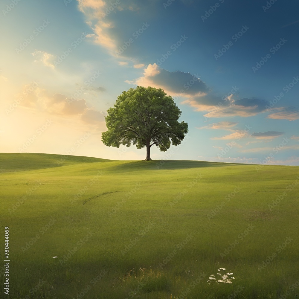 Fototapeta premium AI generated illustration of lush green grass field with a solitary tree