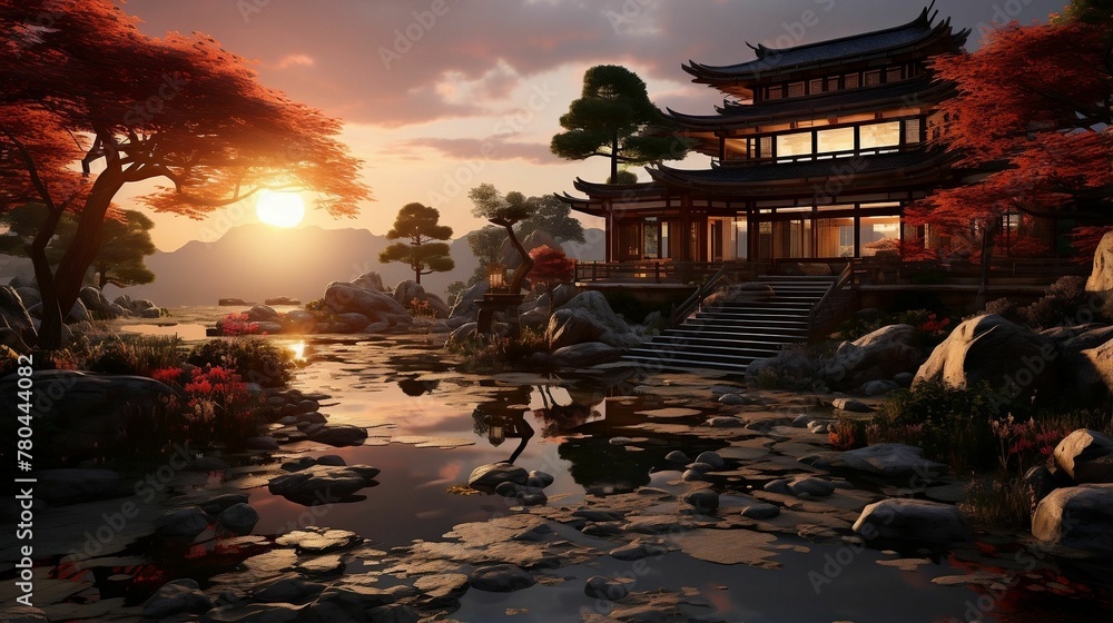 AI generated illustration of a picturesque Asian buildings in front of a tranquil pond