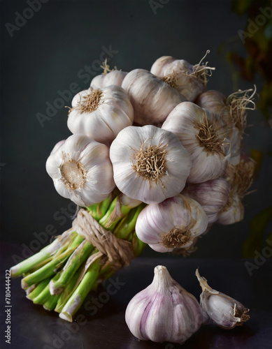 garlic on a wooden background. Farm grown garlic. Farmer garlics on rustic wooden table. Pile of spice cloves.