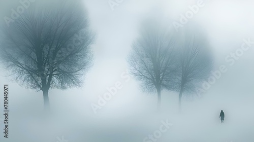 AI generated illustration of a man standing in a foggy field with trees