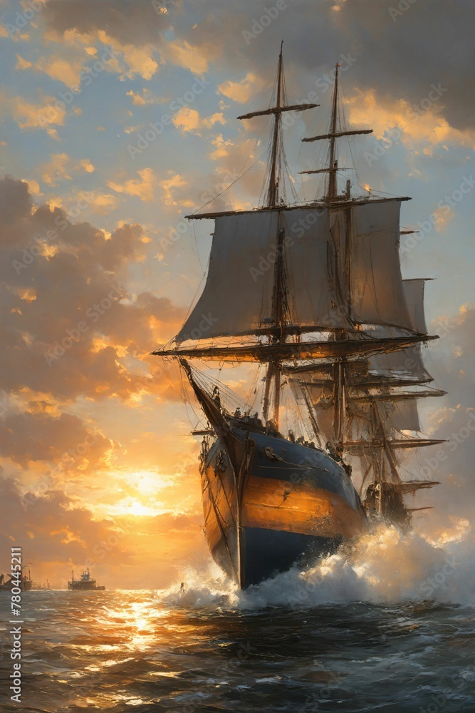 AI generated illustration of an oil painting of a majestic boat in the middle of the vast ocean