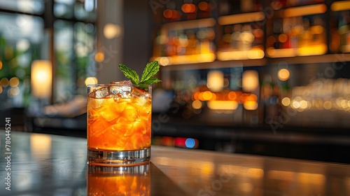 AI generated illustration of an orange drink with mint garnish on bar counter photo