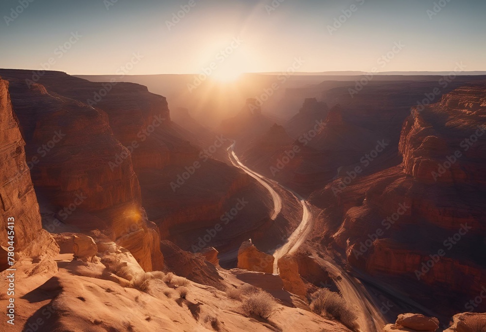 the sun is setting over a valley in the desert terrain