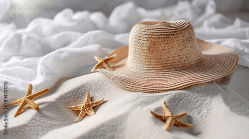 Summer set. A straw hat, white balnket and seastars on white sandy background. photo