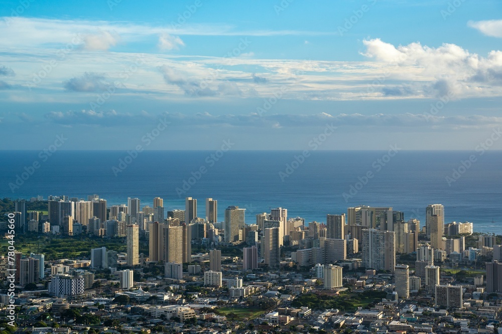 Bird's eye view of downtown Honolulu, Hawaii with skyscrapers and high-rise buildings