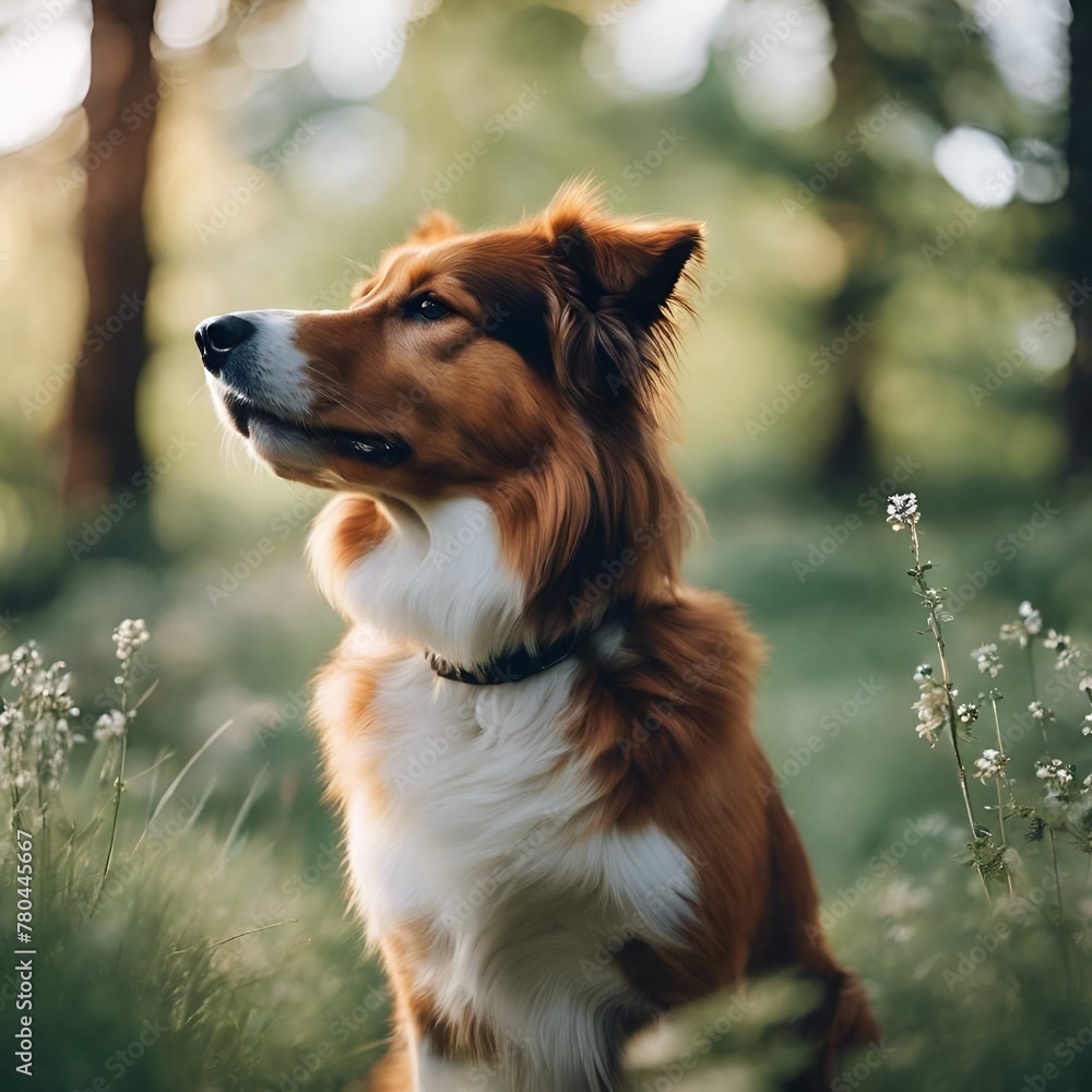 AI-generated illustration of A dog sitting in the grass surrounded by trees and weeds