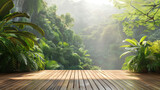 Empty wooden flooring with the rainforest on background