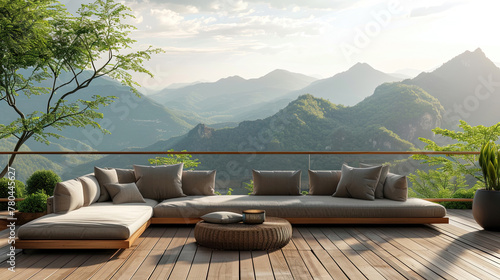 Wooden terrace with the sofa in the mountains