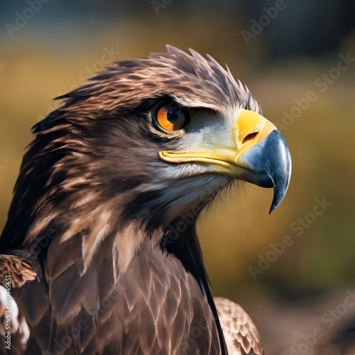 a large eagle standing next to some bushes and grass on a sunny day