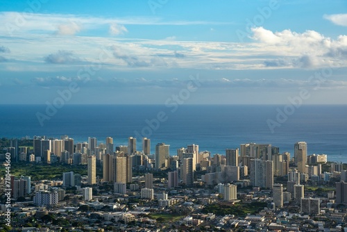 Bird's eye view of downtown Honolulu, Hawaii with skyscrapers and high-rise buildings © Wirestock