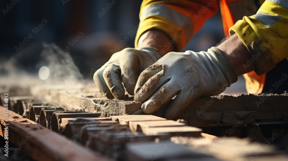 Close-up of the hands of an industrial bricklayer installing bricks on a construction site