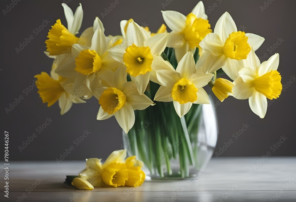 AI generated illustration of a clear vase with daffodils and leaves AI generated illustration of a clear vase with daffodils and leaves