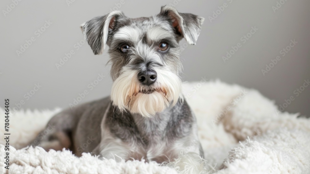 Portrait of a fluffy Miniature Schnauzer dog sitting comfortably indoors