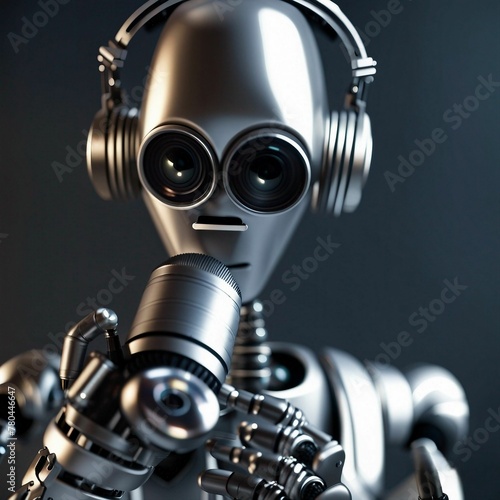 AI generated illustration of A robotic figure holding a microphone with a blurry background