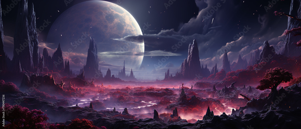 Alien planet landscape, purple landscape with giant planet in the background. Alien planet landscape, purple landscape with giant planet in the background.
