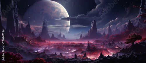 Alien planet landscape, purple landscape with giant planet in the background. © Ozis