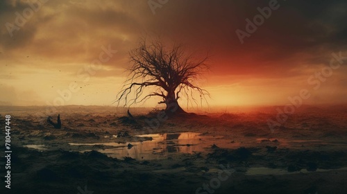 AI generated illustration of A solitary tree stands in a barren desertscape