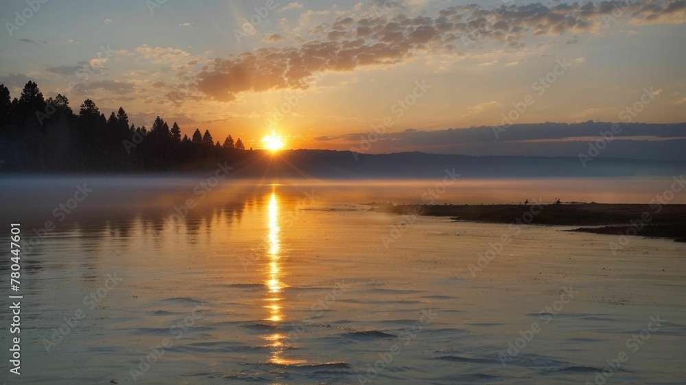 a view of a foggy lake in the foreground, with sun rising
