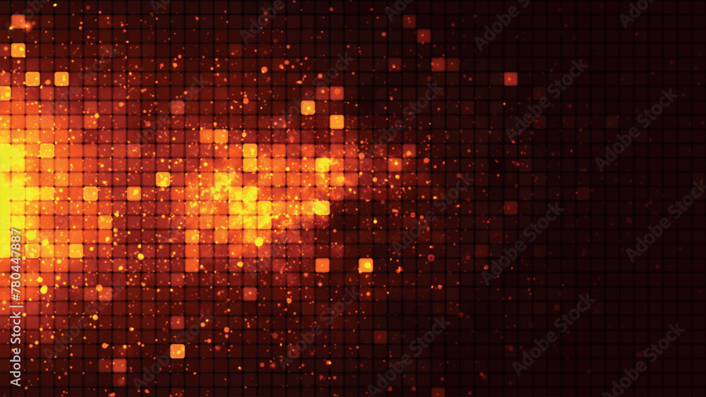 Seamless abstract background of orange squares and bright fire particles. Abstract gradient background. Background for web design. Small square simple computer mosaic blocks. 3D vector