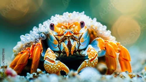 A colorful crab with barnacles on its shell amidst small pebbles, with a soft-focus background highlighting its detailed features. photo