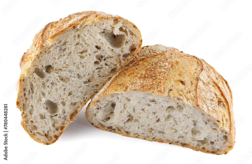 A loaf of bread cut in half with seeds isolated on a white background. Art bread.