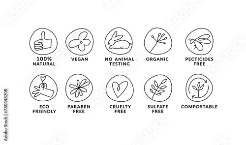 Vector set linear icons, logos or labels for natural and organic products. Outline symbols for food and cosmetics photo