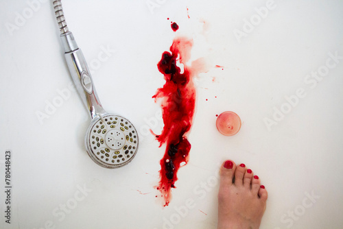 Menstrual period blood in bath tube, shower head, menstruation cup and woman foot on the white background,
