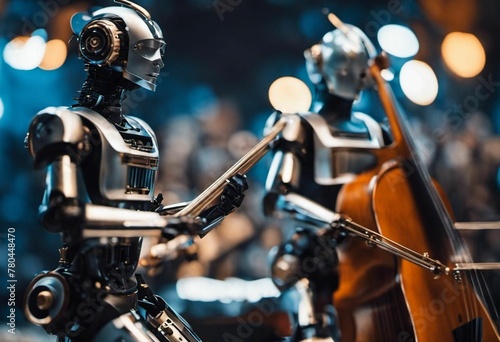 two silver robots with horns playing a musical instrument together with others