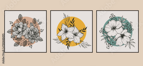 Floral vintage posters with different flowers. Abstract leaf art design for print, cover, wallpaper.