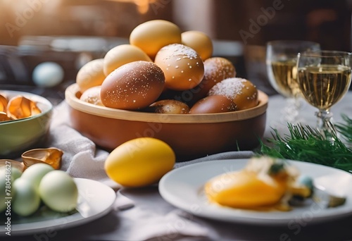 an assortment of different bowls with food on them next to two glasses