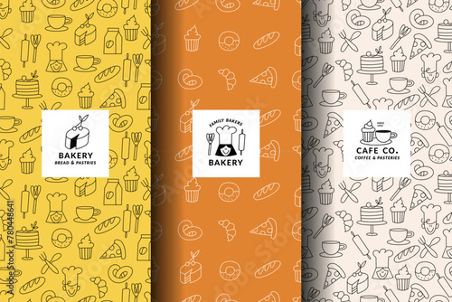 Vector set of design templates and elements for bakery packaging in trendy sketch linear style. Hand drawn doodles elements with design label