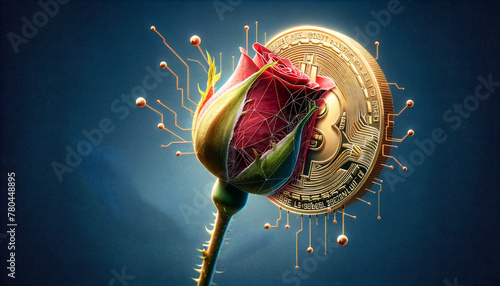 AI generated illustration of a red rose entwined with gold circuitry, blooming from a Bitcoin photo