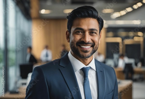 Professional businessman dressed in a tailored suit standing in an office setting, AI-generated.