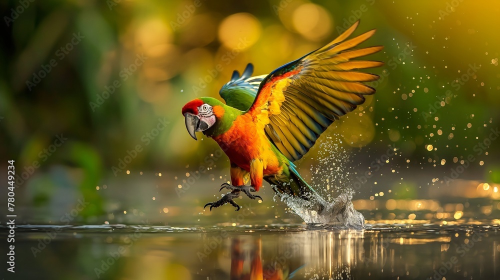 a colorful parrot flying low over the water and landing on it's wings
