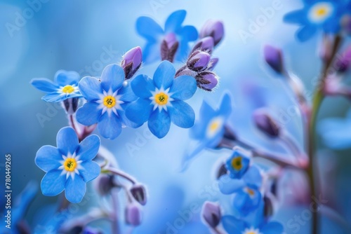 Blue Blossoms of April: Delicate Forget Me Not Flowers in Botanical Bunch, Closeup View