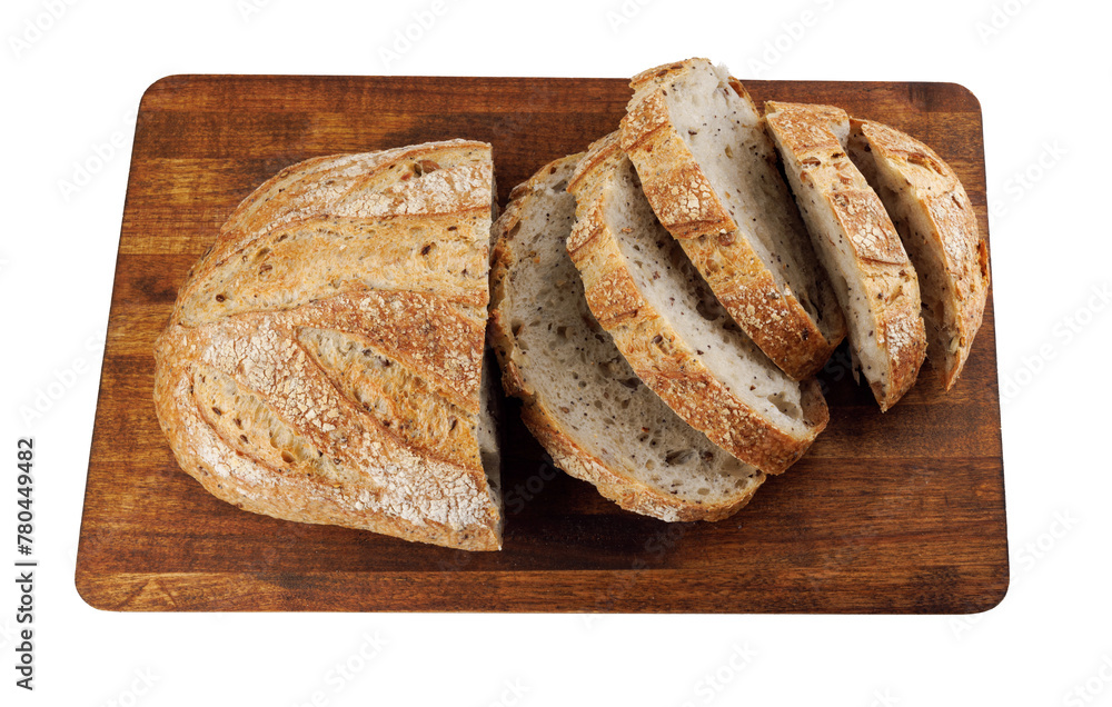 Cut loaf with seeds on a wooden board isolated on a white background. Sliced pieces of bread. Art bread