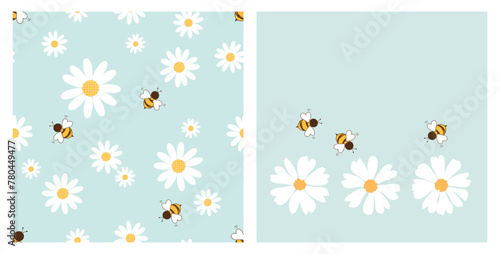 Seamless pattern with bee cartoons and daisy flower on green mint background. Daisy icon set and flying bee cartoons vector.