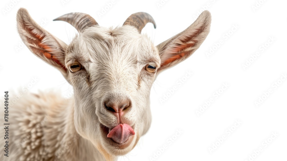 Cheeky Goat Stick-Out Tongue. Adorable White Goat with Playful Expression and Licking Tongue, Isolated on Farm Background for Kids Cheeky Goat Stick-Out Tongue. Adorable White Goat with Playful Expression and Licking Tongue, Isolated on Farm Background for Kids