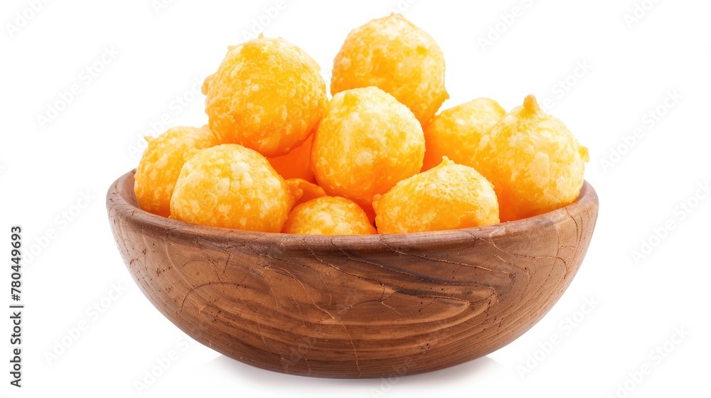 Cheesy Delight. Closeup of Colorful Cheese Balls Snack in a Bowl over White Background with Clipping Path. Perfect for Calories Indulgence Cheesy Delight. Closeup of Colorful Cheese Balls Snack in a Bowl over White Background with Clipping Path. Perfect for Calories Indulgence