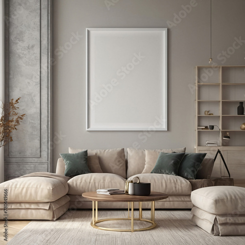 Frame mockup, ISO A paper size. Living room wall poster mockup. Interior mockup with house background. Modern interior design. 3D render, living room, room, modern room, ai generated © Abdul