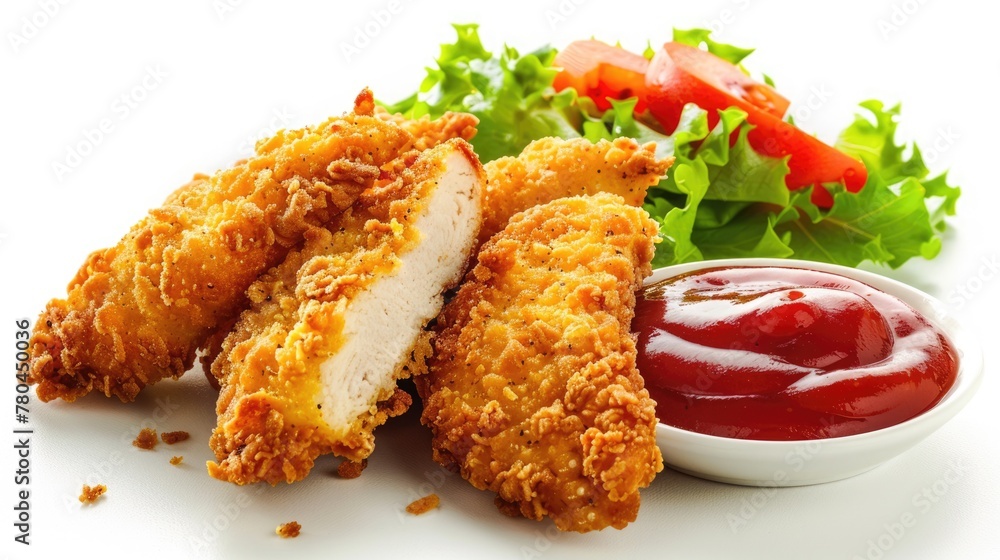 Crispy Breaded Chicken Tenders with Ketchup, Salad and Soda - Delicious Fried Meat Meal Crispy Breaded Chicken Tenders with Ketchup, Salad and Soda - Delicious Fried Meat Meal